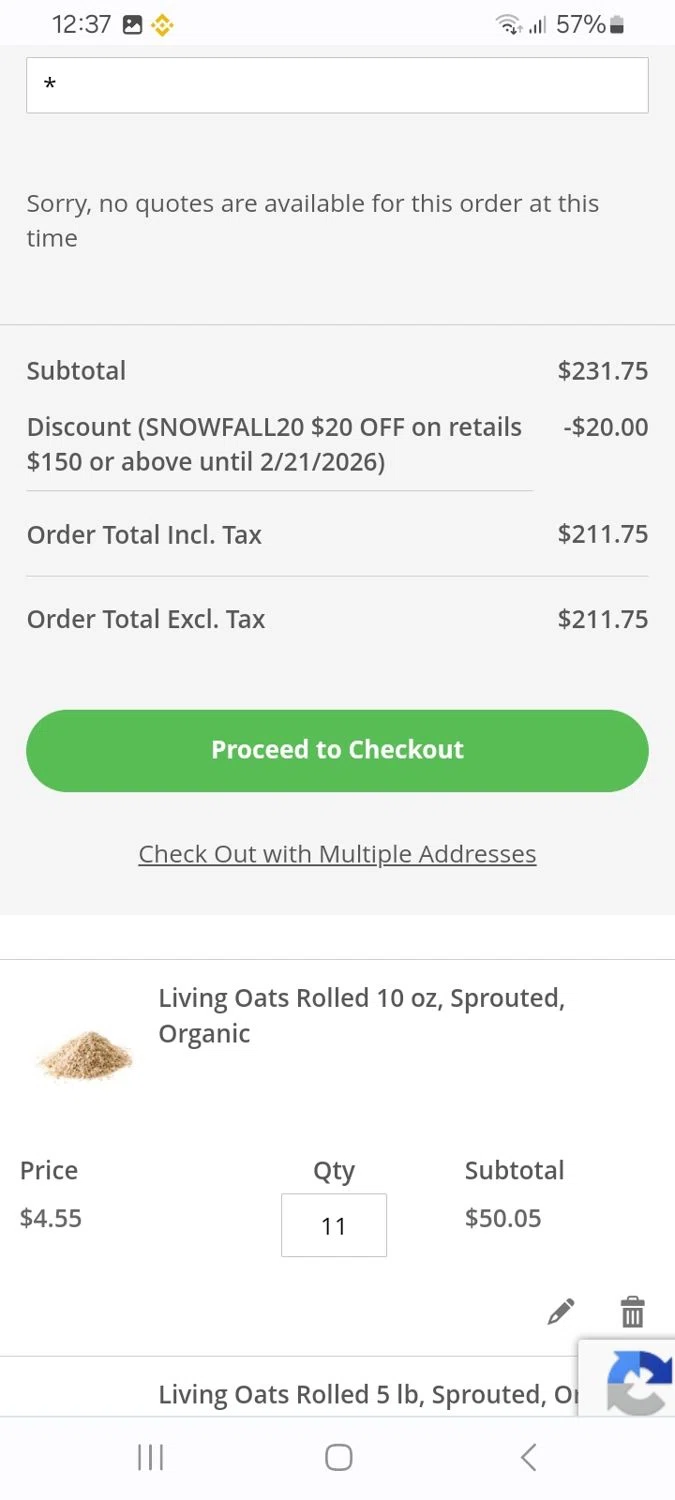 Blue Mountain Organics discount code screenshot showing code SNOWFALL20 applied at Blue Mountain Organics checkout page. Uploaded by SimplyCodes community member ScanMaverick9378 on Feb 4, 2026