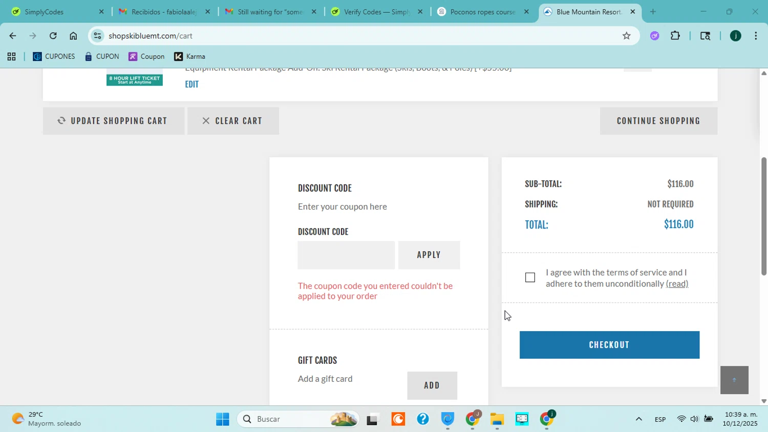 Blue Mountain Resort PA discount code screenshot showing code VALPAK10 applied at Blue Mountain Resort PA checkout page. Uploaded by SimplyCodes community member jorgejavierherrera on Dec 10, 2025