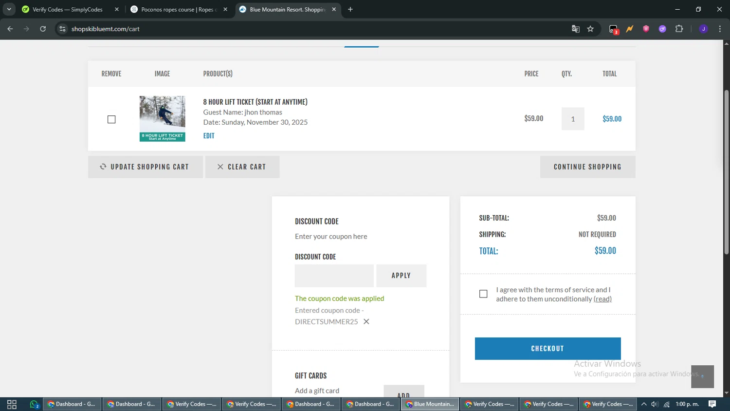 Blue Mountain Resort PA discount code screenshot showing code DIRECTSUMMER25 applied at Blue Mountain Resort PA checkout page. Uploaded by SimplyCodes community member WiseMaven9968 on Nov 11, 2025
