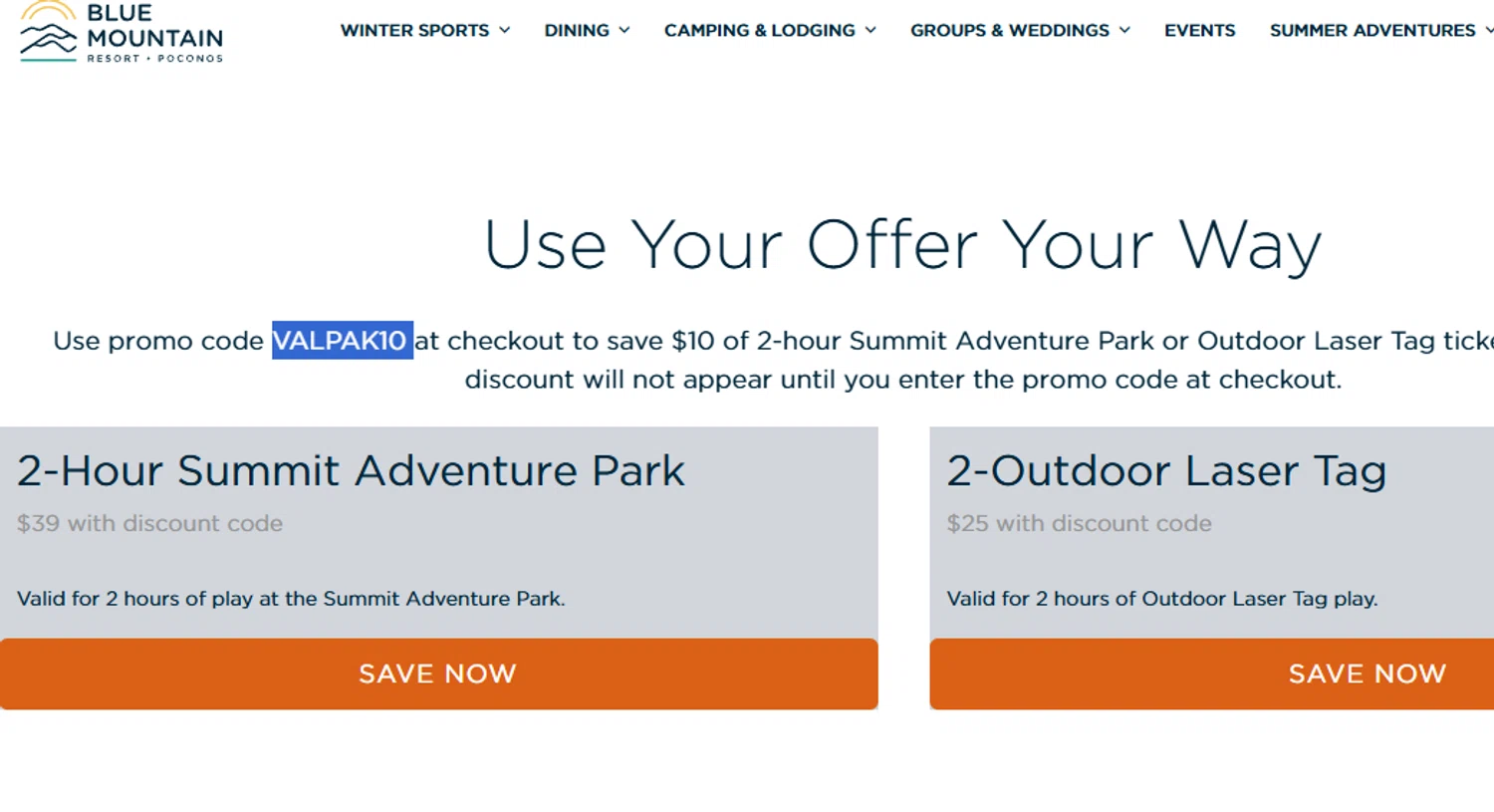 Blue Mountain Resort PA discount code screenshot showing code VALPAK10 applied at Blue Mountain Resort PA checkout page. Uploaded by SimplyCodes community member Dejadepicharme on Dec 28, 2025