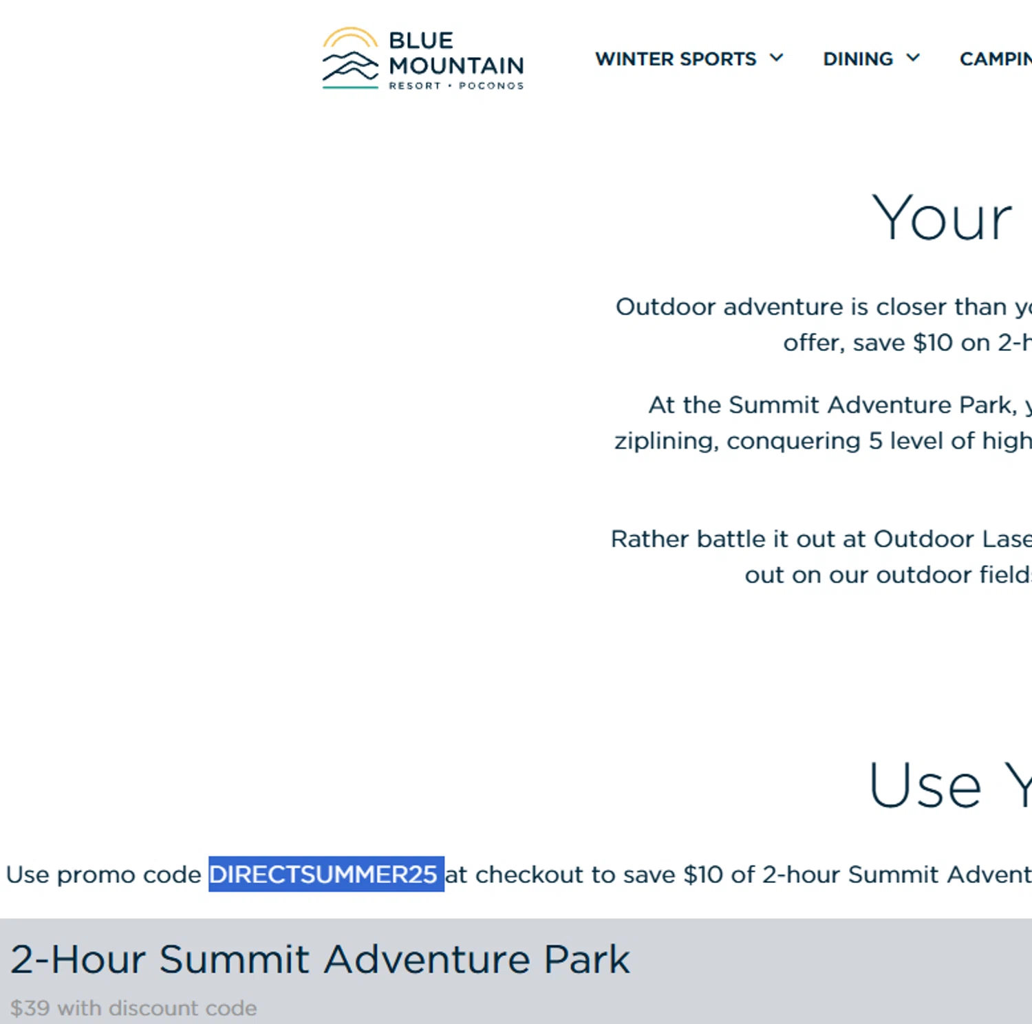Blue Mountain Resort PA discount code screenshot showing code DIRECTSUMMER25 applied at Blue Mountain Resort PA checkout page. Uploaded by SimplyCodes community member Dejadepicharme on Feb 7, 2026