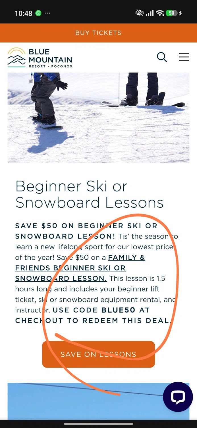 Blue Mountain Resort PA discount code screenshot showing code BLUE50 applied at Blue Mountain Resort PA checkout page. Uploaded by SimplyCodes community member Dejadepicharme on Jan 18, 2026