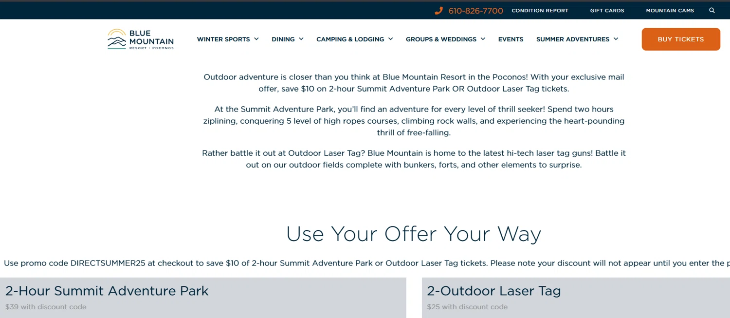 Blue Mountain Resort PA discount code screenshot showing code DIRECTSUMMER25 applied at Blue Mountain Resort PA checkout page. Uploaded by SimplyCodes community member Dejadepicharme on Feb 7, 2026