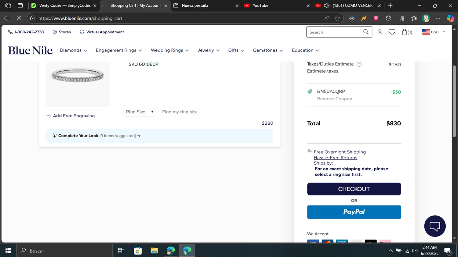 Blue Nile promo code screenshot showing code BN50ACQRP applied at Blue Nile checkout page. Uploaded by SimplyCodes community member Don_Quixote on Jun 23, 2025