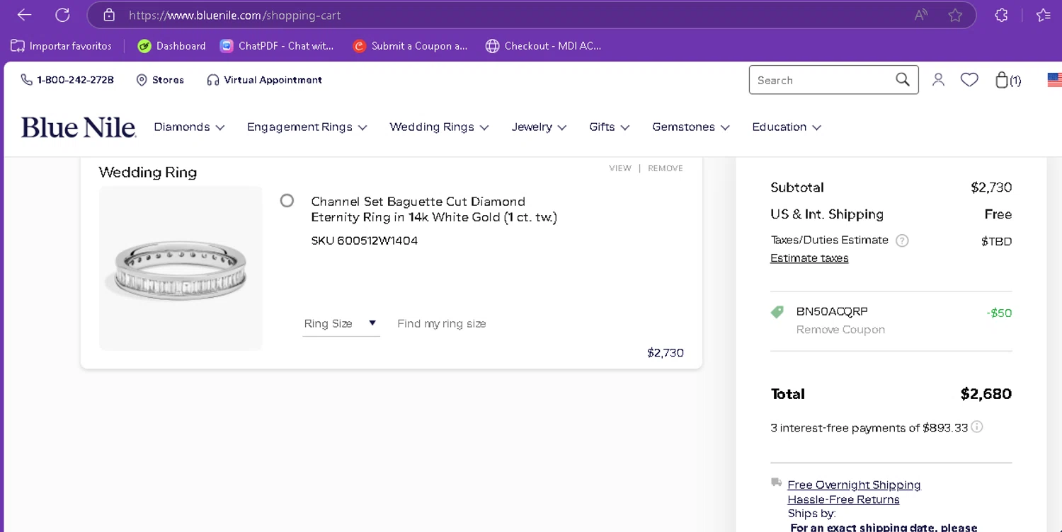 Blue Nile promo code screenshot showing code BN50ACQRP applied at Blue Nile checkout page. Uploaded by SimplyCodes community member FredoGodofredo on Apr 21, 2025