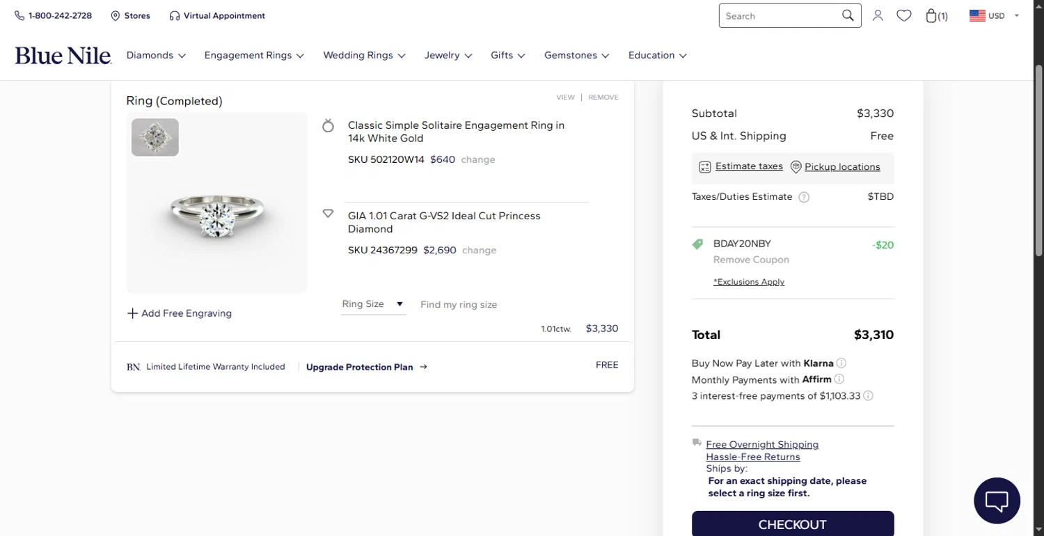 Blue Nile promo code screenshot showing code BDAY20NBY applied at Blue Nile checkout page. Uploaded by SimplyCodes community member BargainMonarch8220 on Jun 16, 2025