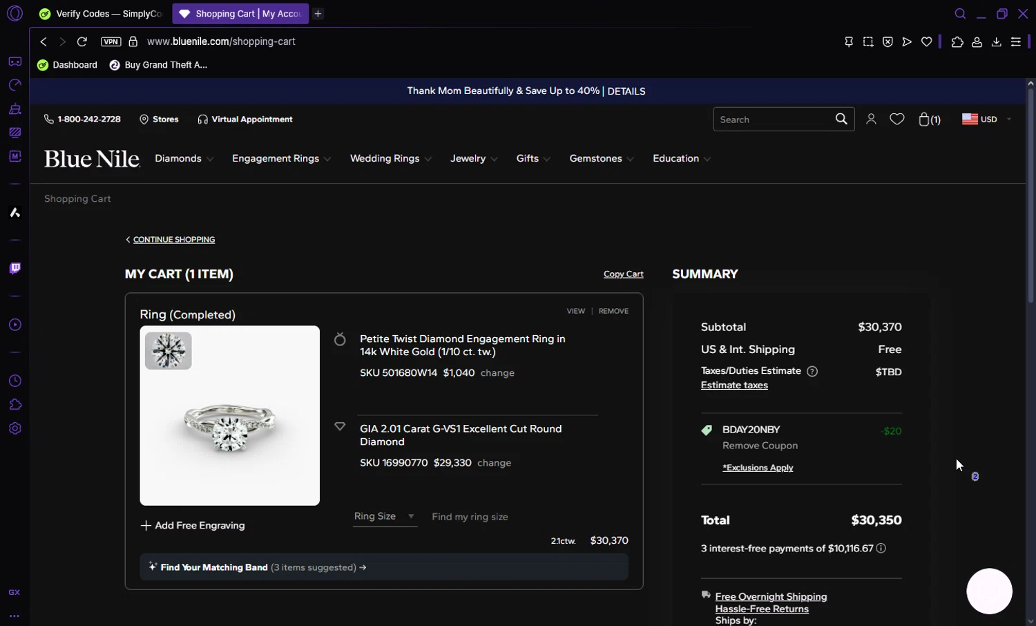 Blue Nile promo code screenshot showing code BDAY20NBY applied at Blue Nile checkout page. Uploaded by SimplyCodes community member Darka007 on May 3, 2025