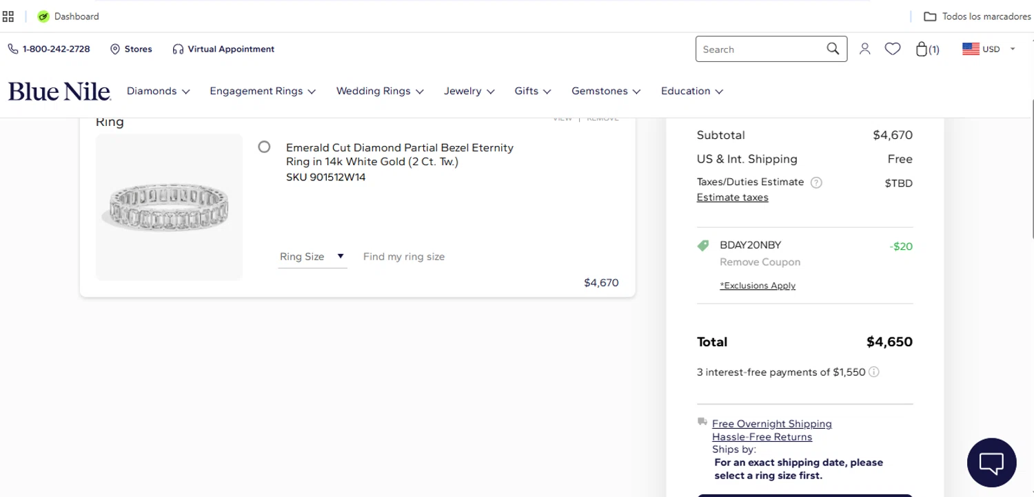 Blue Nile promo code screenshot showing code BDAY20NBY applied at Blue Nile checkout page. Uploaded by SimplyCodes community member Speedy on Aug 8, 2025