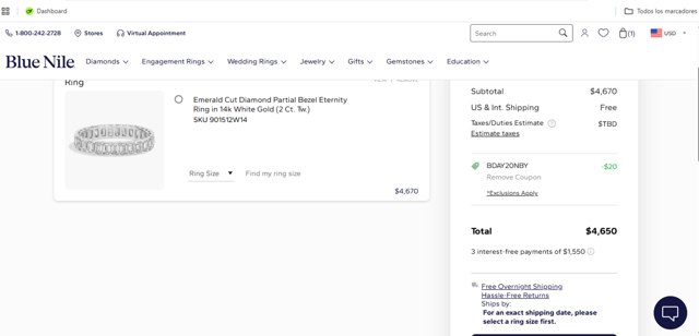 Blue Nile checkout page showing Blue Nile promo code box | Screenshot taken by SimplyCodes community member on Aug 8, 2025