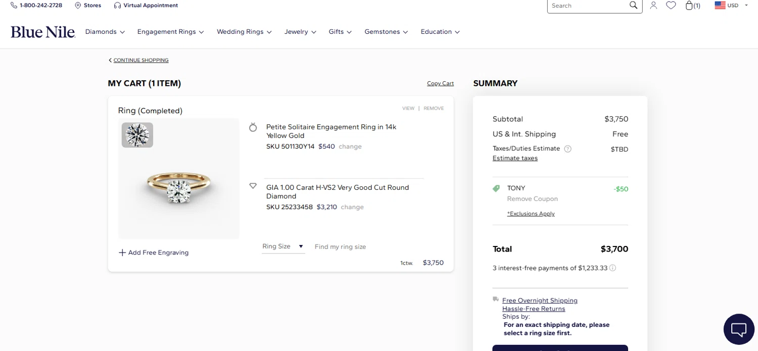 Blue Nile promo code screenshot showing code TONY applied at Blue Nile checkout page. Uploaded by SimplyCodes community member CORLEONE on Jul 21, 2025
