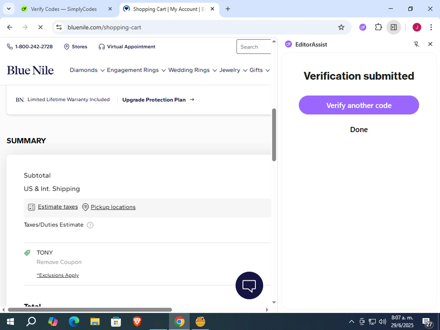 Blue Nile promo code screenshot showing code TONY applied at Blue Nile checkout page. Uploaded by SimplyCodes community member vergil_lains on Jun 29, 2025