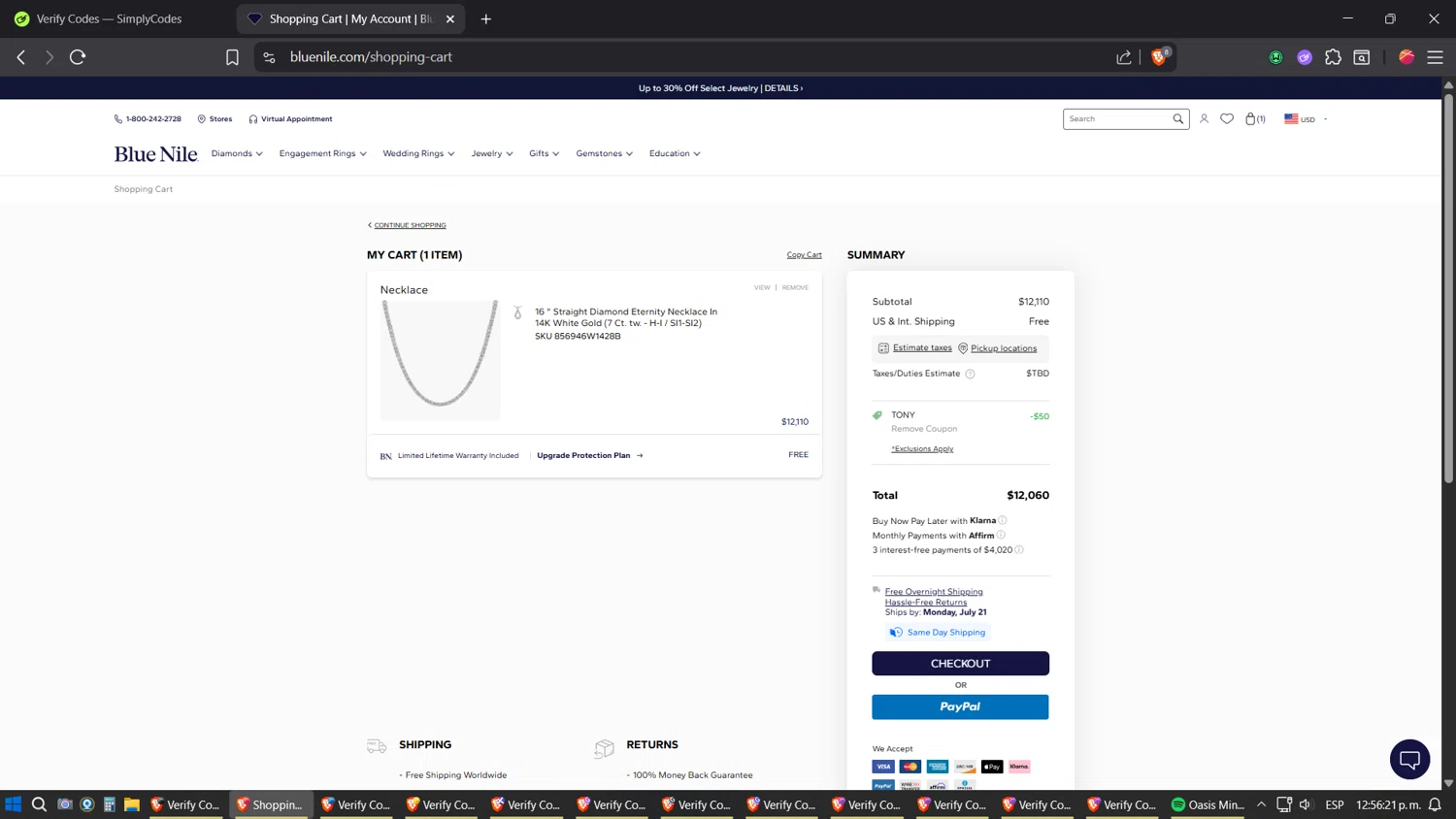 Blue Nile promo code screenshot showing code TONY applied at Blue Nile checkout page. Uploaded by SimplyCodes community member verifier_983798000 on Jul 21, 2025