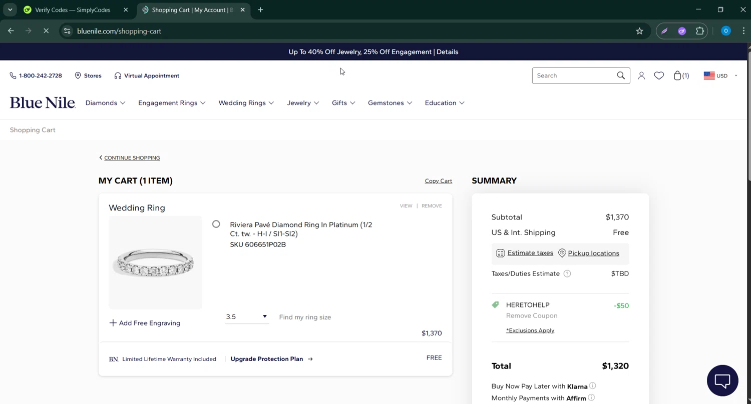 Blue Nile promo code screenshot showing code HERETOHELP applied at Blue Nile checkout page. Uploaded by SimplyCodes community member CodeScholar4340 on Aug 13, 2025