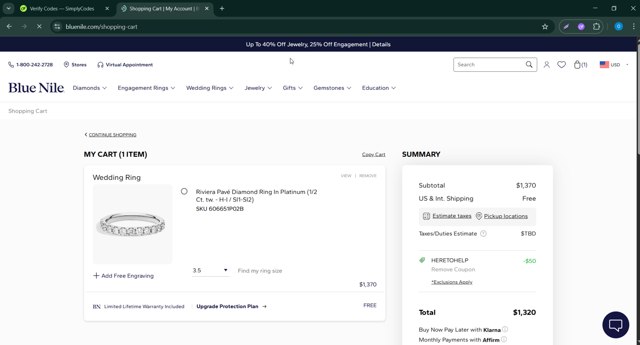 Blue Nile checkout page showing Blue Nile promo code box | Screenshot taken by SimplyCodes community member on Aug 13, 2025