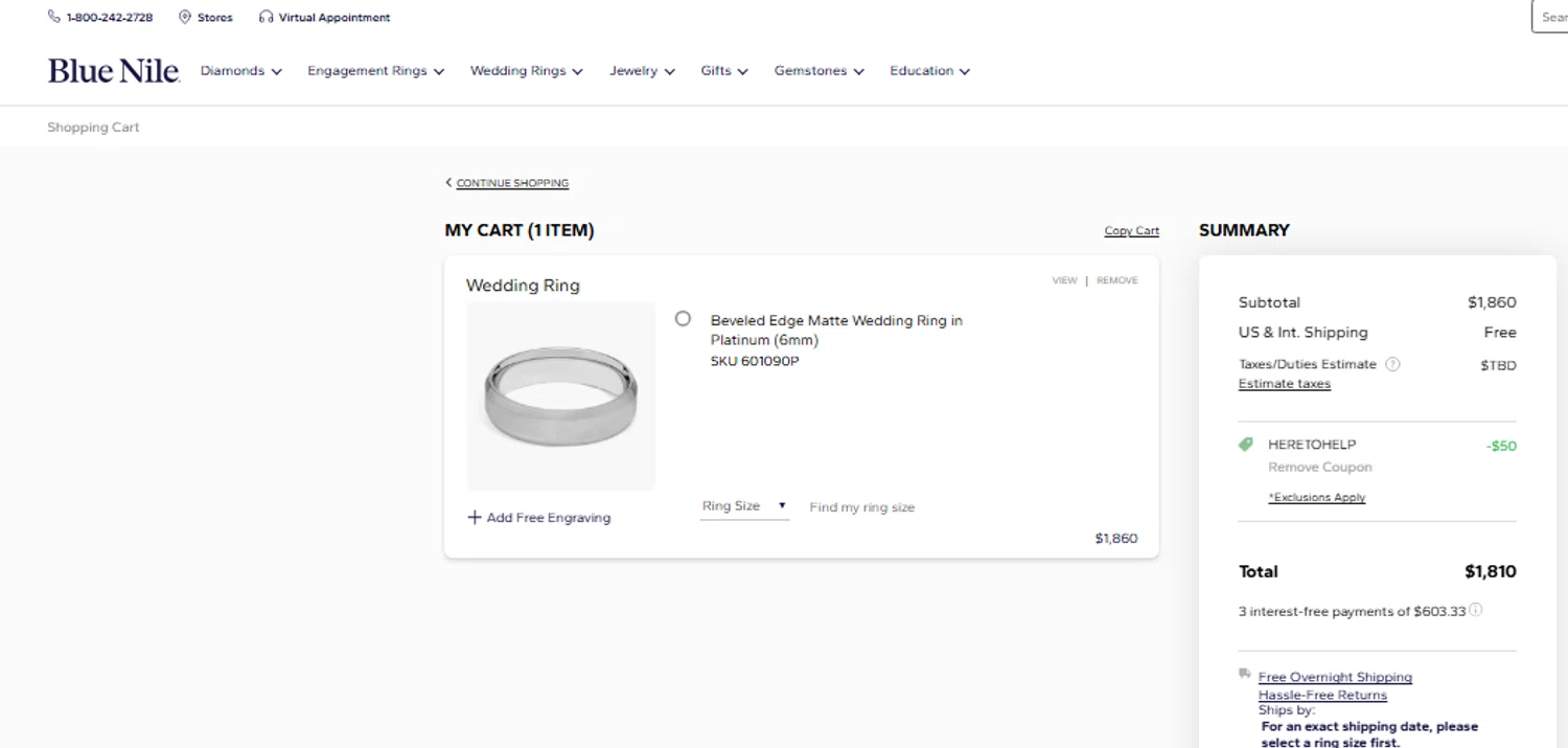 Blue Nile promo code screenshot showing code HERETOHELP applied at Blue Nile checkout page. Uploaded by SimplyCodes community member CouponLion3243 on Jul 22, 2025