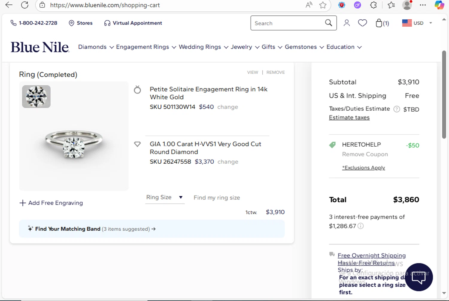 Blue Nile promo code screenshot showing code HERETOHELP applied at Blue Nile checkout page. Uploaded by SimplyCodes community member Franco20 on Aug 24, 2025