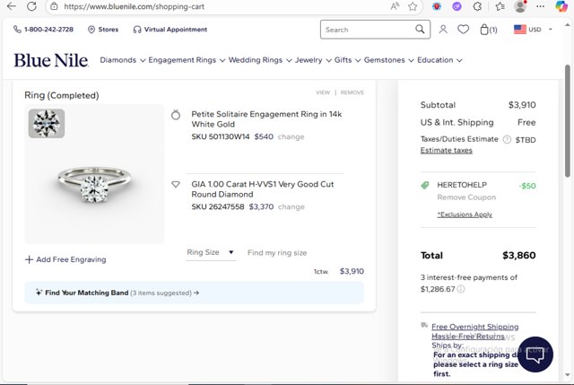 Blue Nile checkout page showing Blue Nile promo code box | Screenshot taken by SimplyCodes community member on Aug 24, 2025