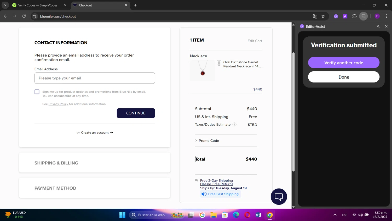 Blue Nile promo code screenshot showing code anni2025 applied at Blue Nile checkout page. Uploaded by SimplyCodes community member Elenita on Aug 16, 2025