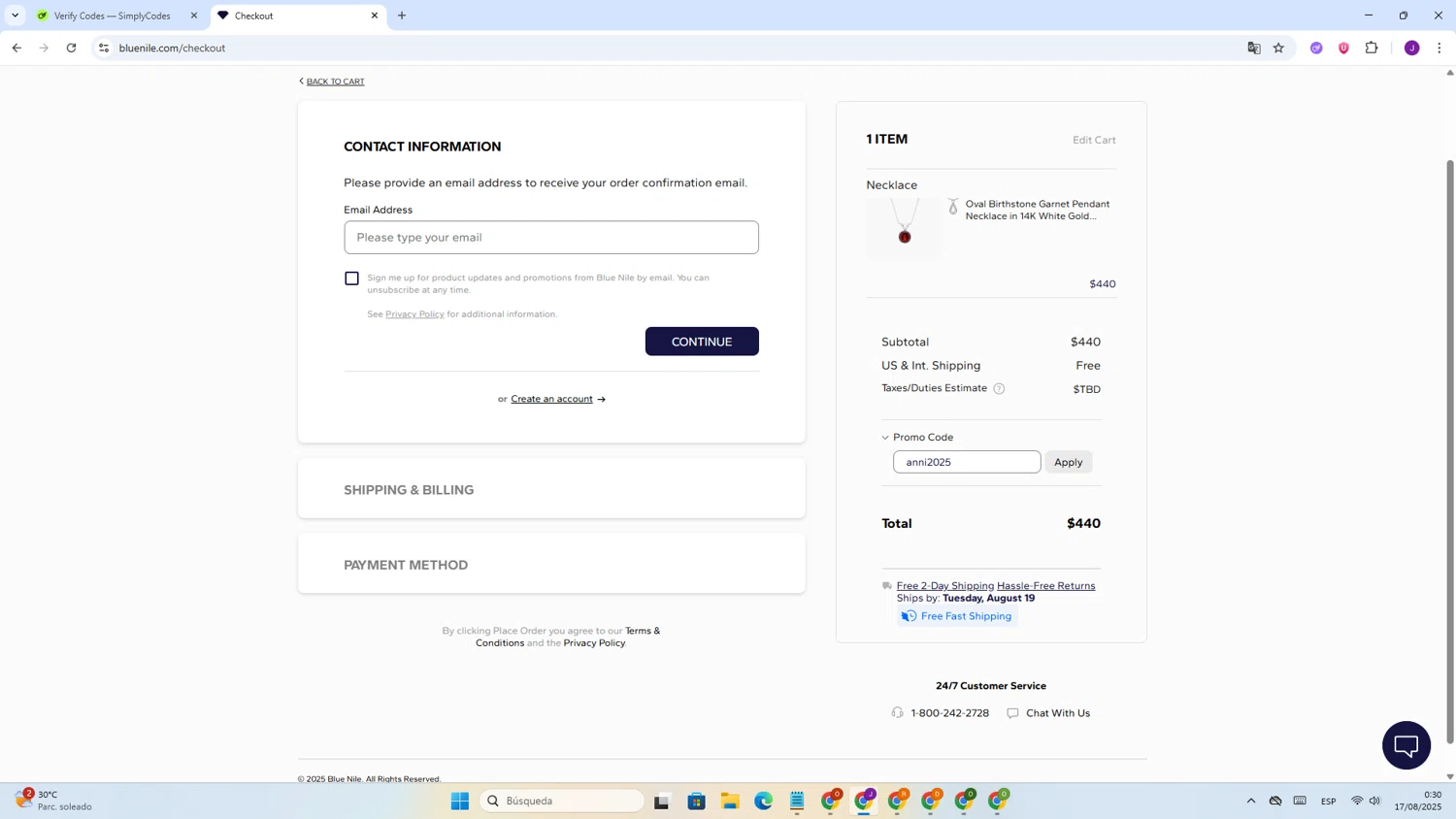 Blue Nile promo code screenshot showing code anni2025 applied at Blue Nile checkout page. Uploaded by SimplyCodes community member PrimeMaestro723 on Aug 16, 2025