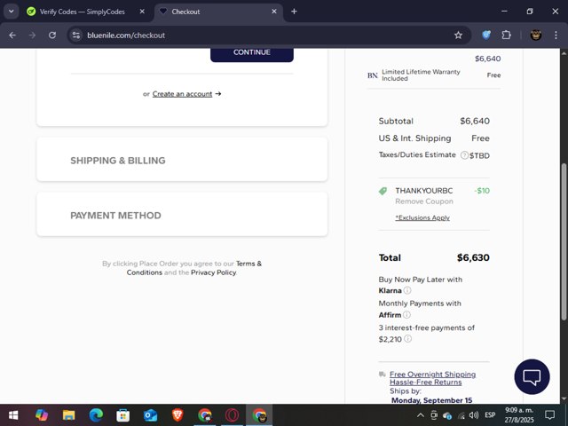 Blue Nile checkout page showing Blue Nile promo code box | Screenshot taken by SimplyCodes community member on Aug 27, 2025