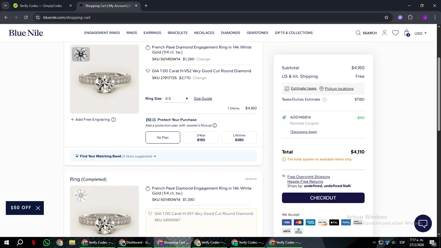Blue Nile promo code screenshot showing code ADD146814 applied at Blue Nile checkout page. Uploaded by SimplyCodes community member ComeBurra123 on Feb 27, 2026