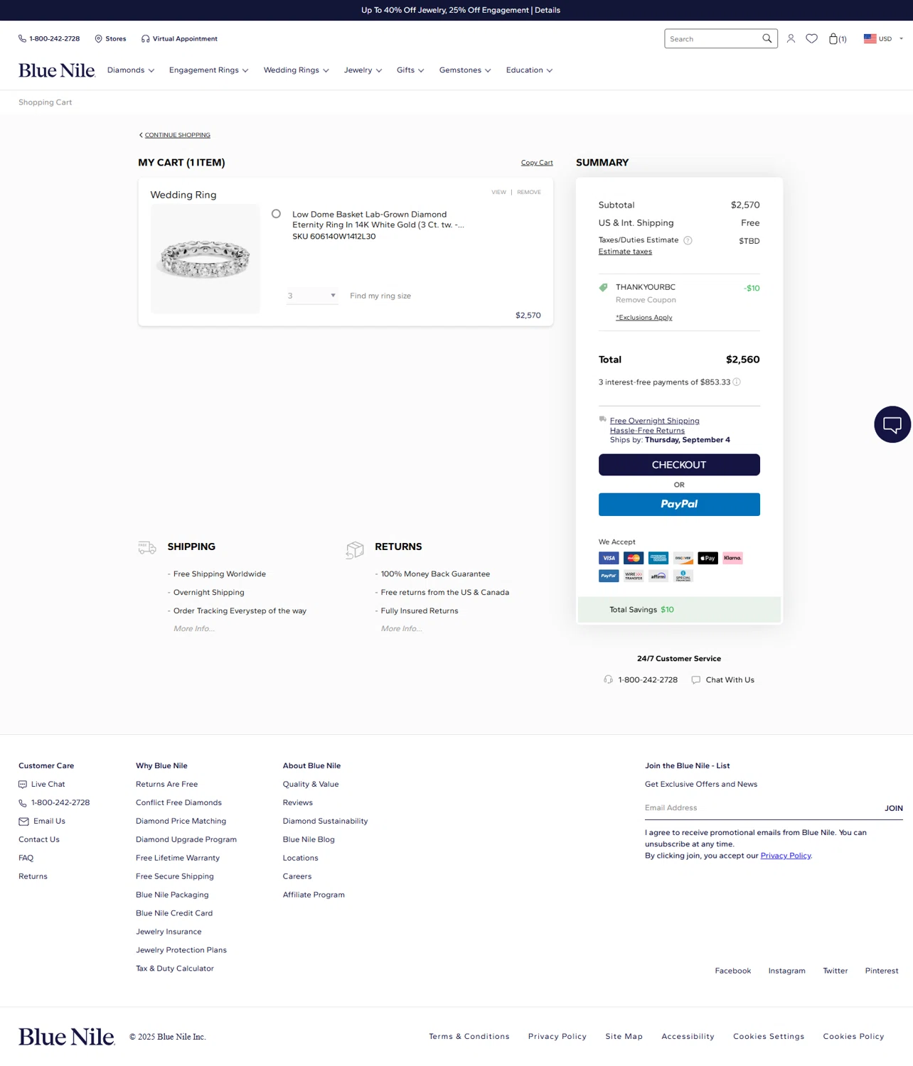 Blue Nile promo code screenshot showing code THANKYOURBC applied at Blue Nile checkout page. Uploaded by SimplyCodes community member Serdanvz on Aug 16, 2025