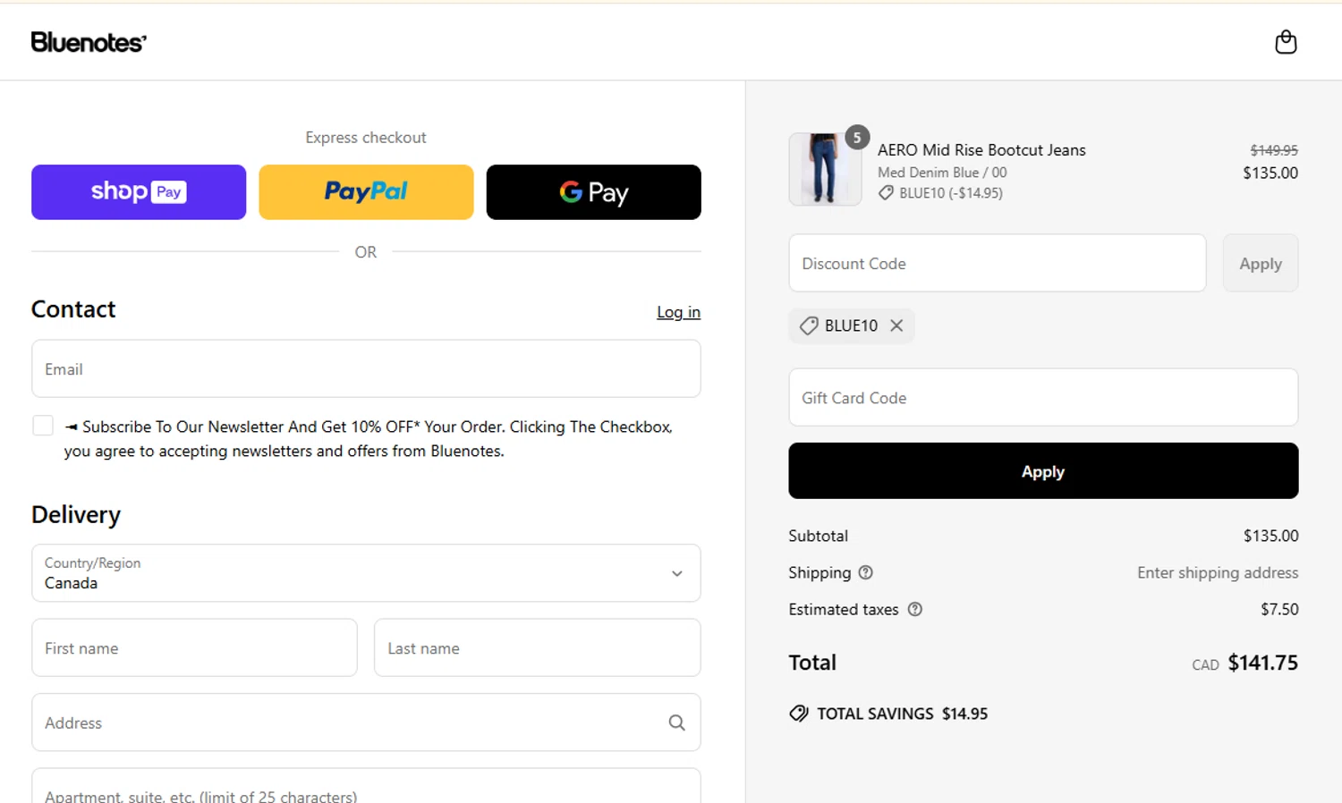 Bluenotes promo code screenshot showing code BLUE10 applied at Bluenotes checkout page. Uploaded by SimplyCodes community member P3gazoo on May 1, 2025