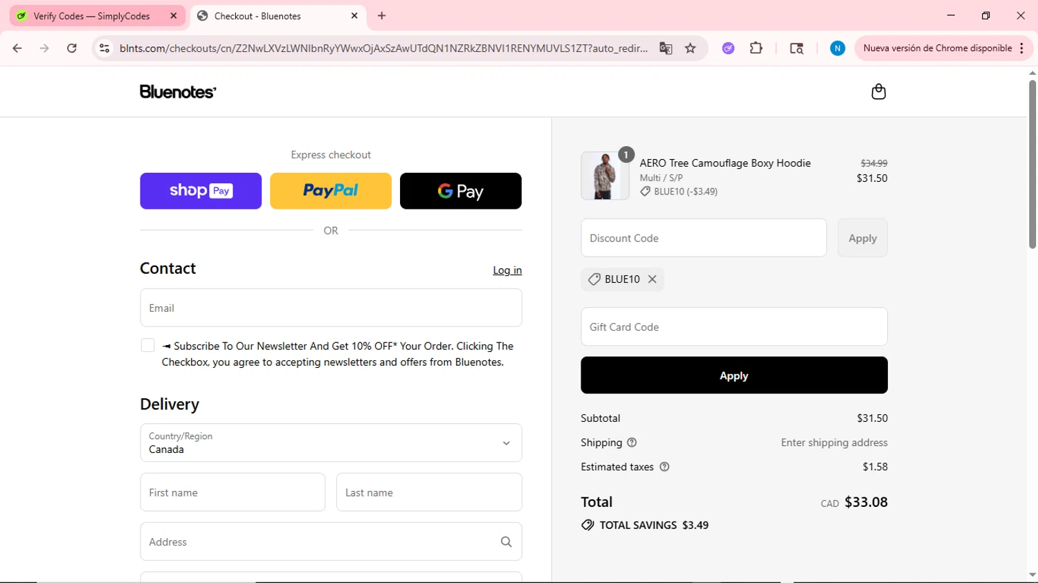 Bluenotes promo code screenshot showing code BLUE10 applied at Bluenotes checkout page. Uploaded by SimplyCodes community member QuestOwl6398 on Jul 13, 2025