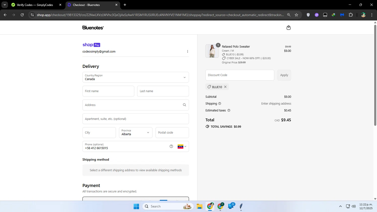 Bluenotes promo code screenshot showing code BLUE10 applied at Bluenotes checkout page. Uploaded by SimplyCodes community member franalepe on Jul 13, 2025
