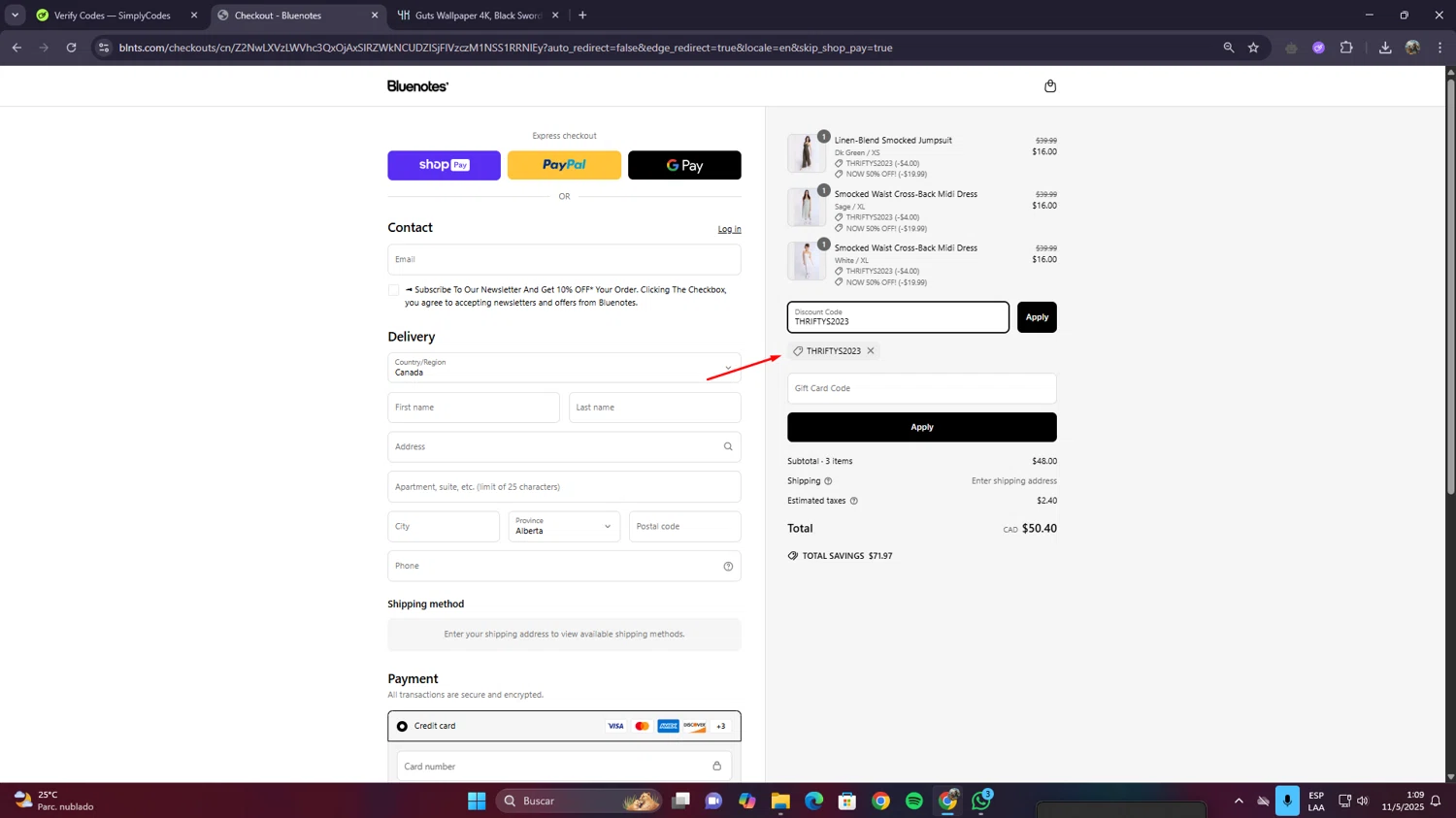Bluenotes promo code screenshot showing code THRIFTYS2023 applied at Bluenotes checkout page. Uploaded by SimplyCodes community member JolyneCujoh on May 11, 2025