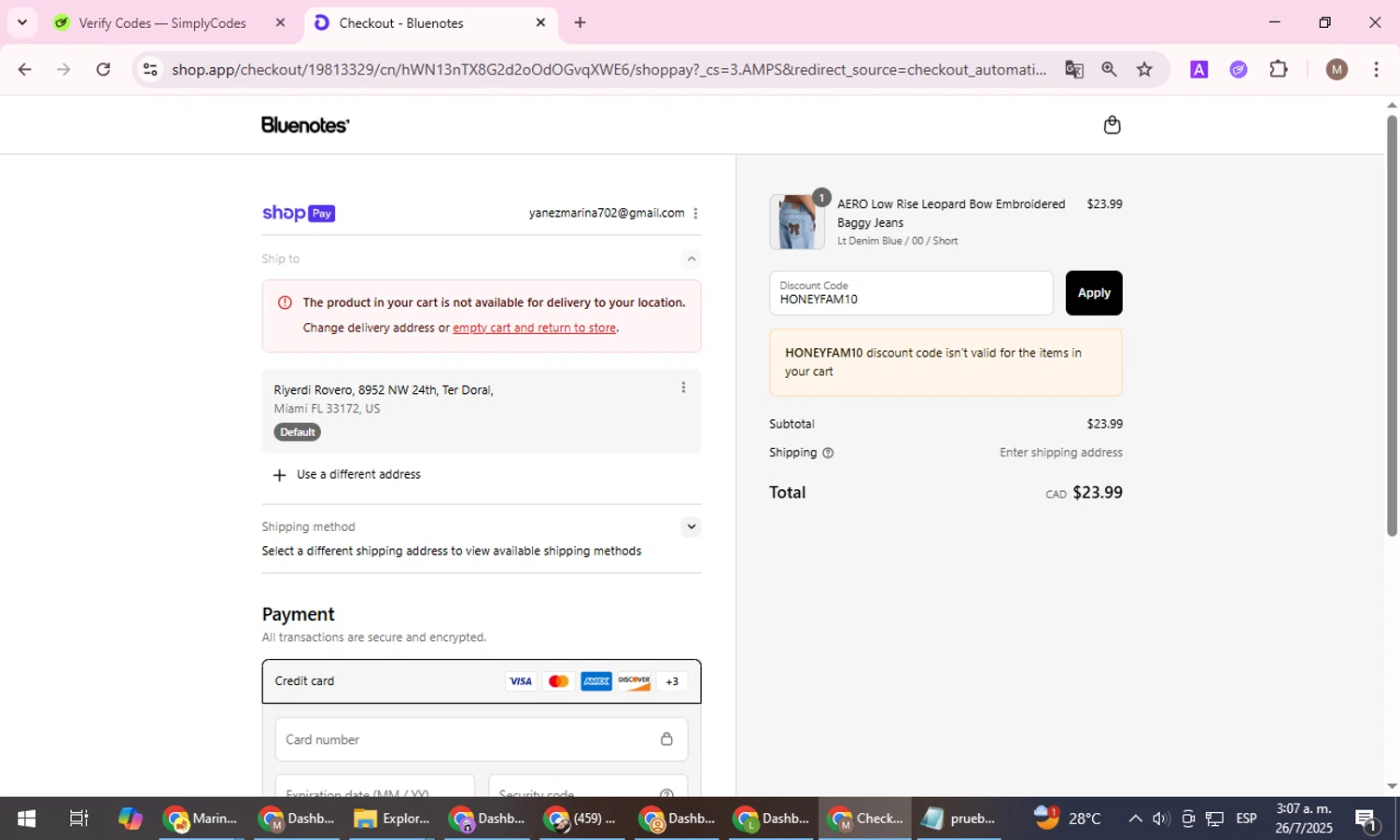 Bluenotes promo code screenshot showing code HONEYFAM10 applied at Bluenotes checkout page. Uploaded by SimplyCodes community member FrugalGuardian6154 on Jul 26, 2025