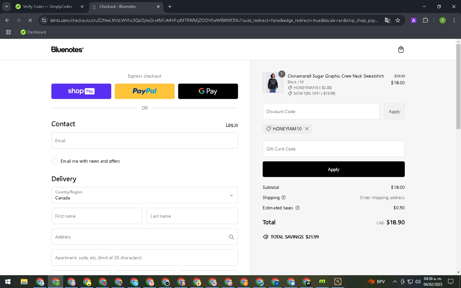 Bluenotes promo code screenshot showing code HONEYFAM10 applied at Bluenotes checkout page. Uploaded by SimplyCodes community member SalePioneer1064 on Feb 4, 2025