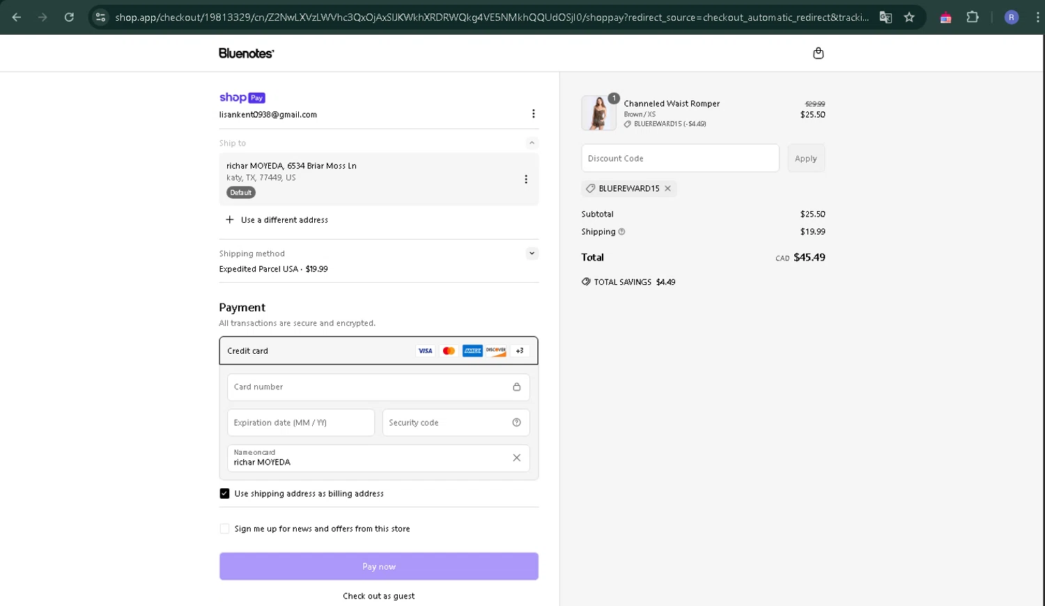 Bluenotes promo code screenshot showing code BLUEREWARD15 applied at Bluenotes checkout page. Uploaded by SimplyCodes community member CoinPilot9113 on Apr 11, 2025