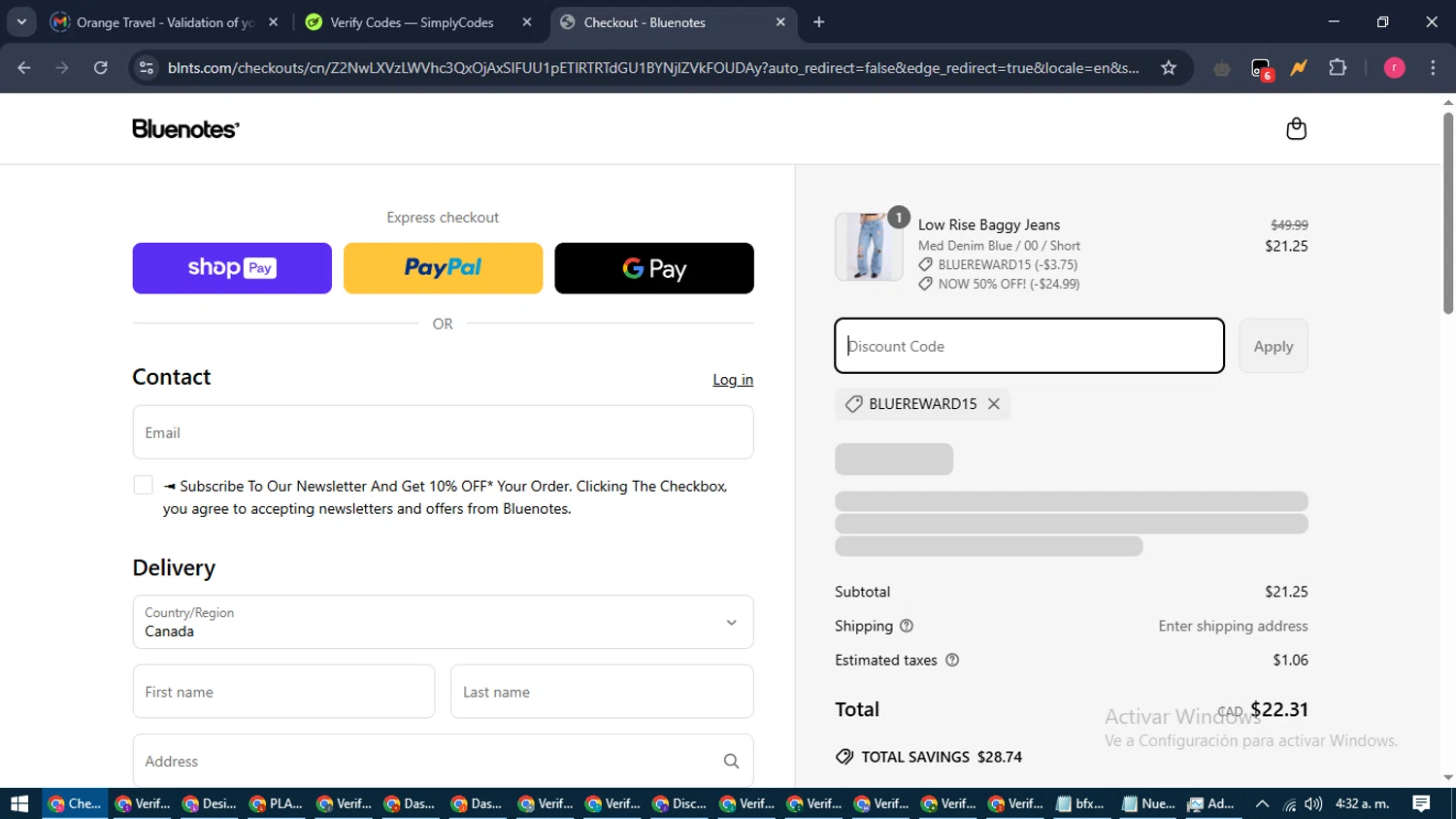 Bluenotes promo code screenshot showing code BLUEREWARD15 applied at Bluenotes checkout page. Uploaded by SimplyCodes community member WisePro3739 on Apr 2, 2025