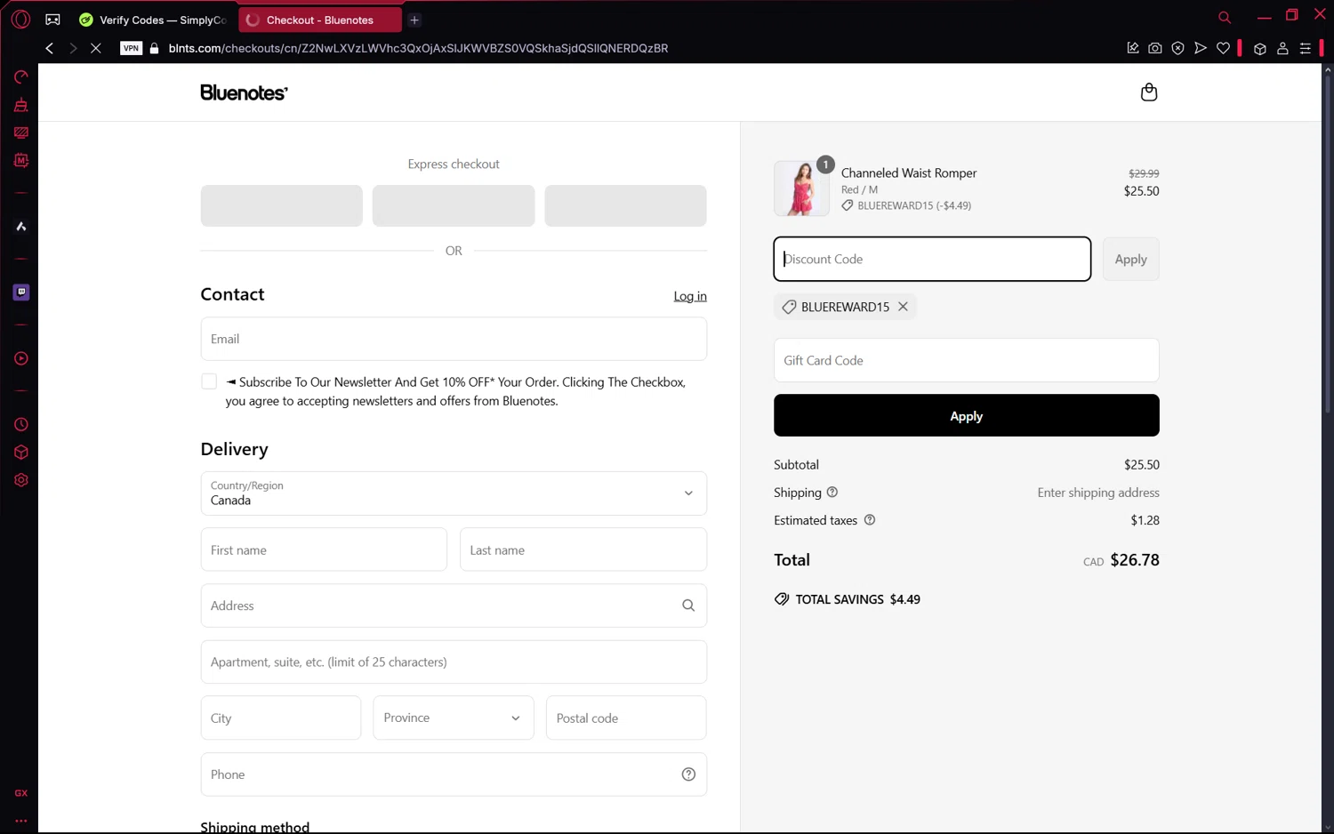 Bluenotes promo code screenshot showing code BLUEREWARD15 applied at Bluenotes checkout page. Uploaded by SimplyCodes community member frijolito on Apr 11, 2025