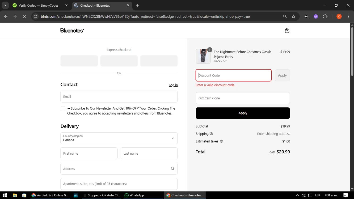 Bluenotes promo code screenshot showing code EXTRA10 applied at Bluenotes checkout page. Uploaded by SimplyCodes community member NatanaelCano on Aug 25, 2025