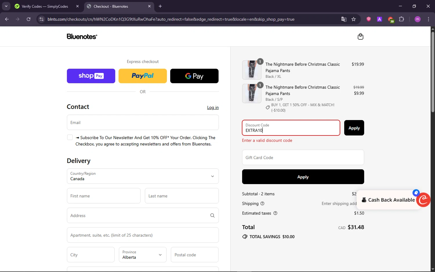 Bluenotes promo code screenshot showing code EXTRA10 applied at Bluenotes checkout page. Uploaded by SimplyCodes community member TokenChaser4876 on Aug 25, 2025