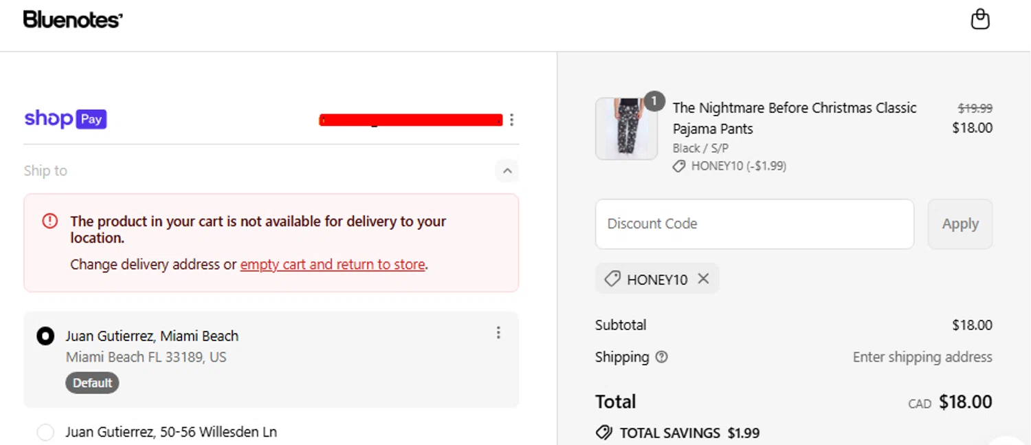 Bluenotes promo code screenshot showing code HONEY10 applied at Bluenotes checkout page. Uploaded by SimplyCodes community member THEPOWER on Aug 17, 2025
