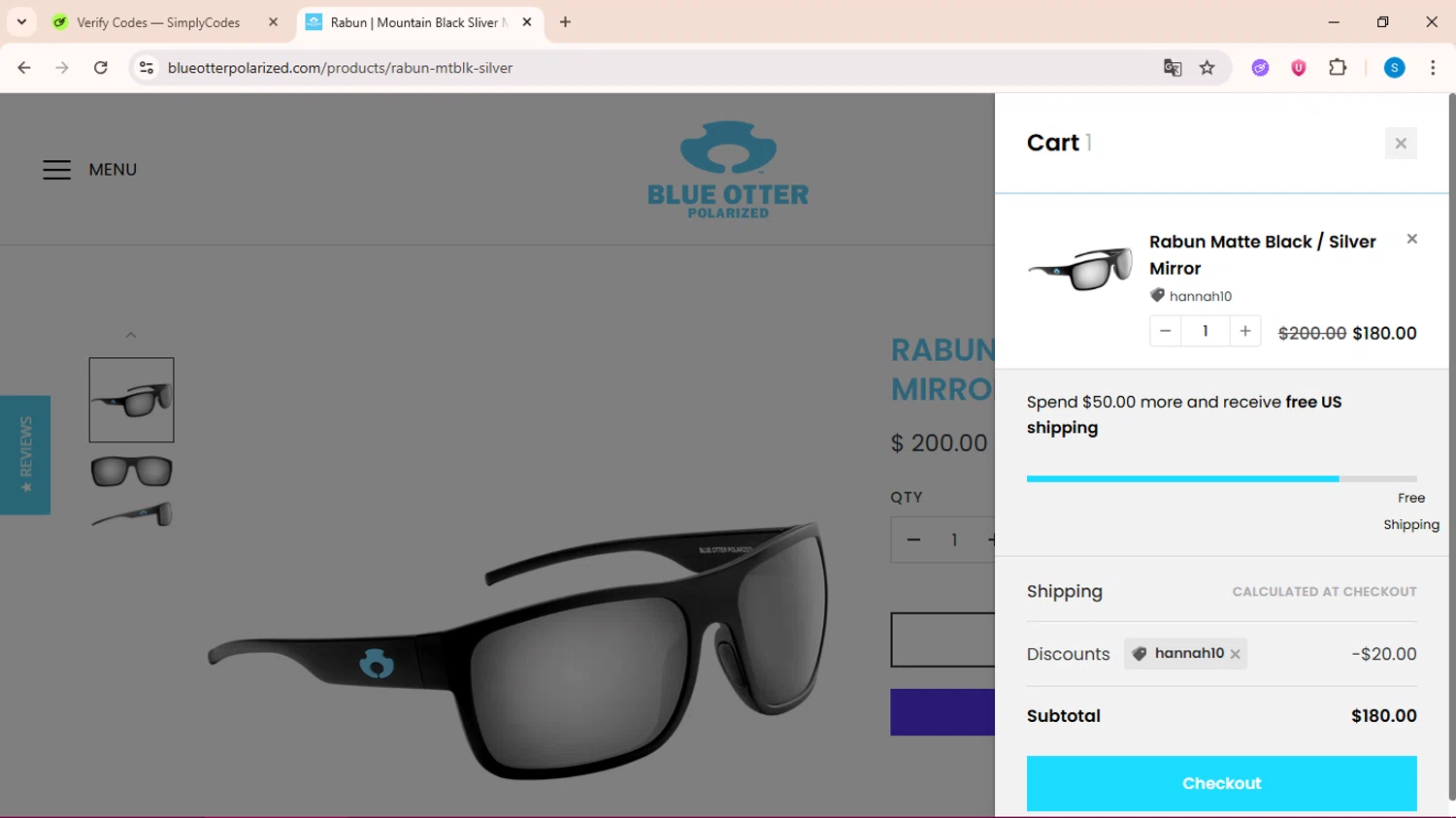 Blue Otter discount code screenshot showing code HANNAH10 applied at Blue Otter checkout page. Uploaded by SimplyCodes community member uleesesv on Oct 29, 2025