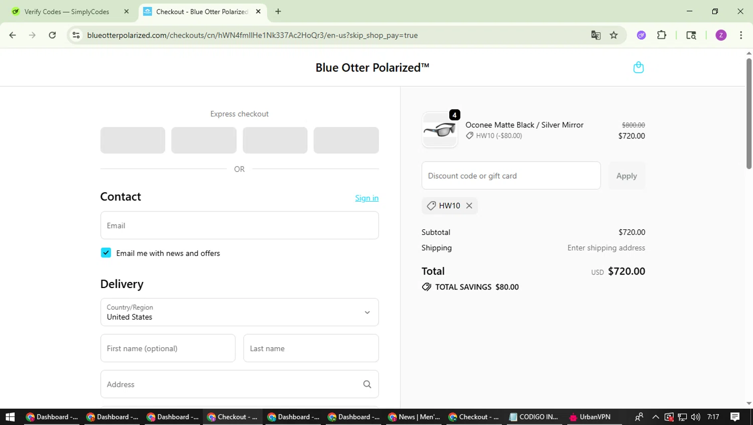 Blue Otter discount code screenshot showing code HW10 applied at Blue Otter checkout page. Uploaded by SimplyCodes community member ValiantFinder3275 on Oct 29, 2025