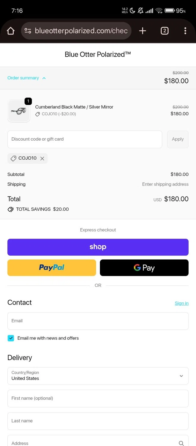 Blue Otter discount code screenshot showing code COJO10 applied at Blue Otter checkout page. Uploaded by SimplyCodes community member Jutdcv on Oct 29, 2025