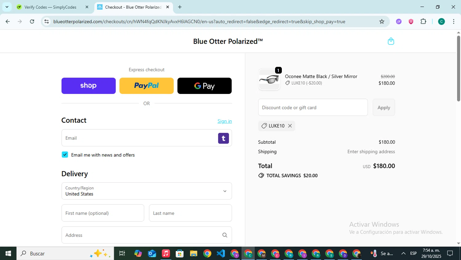 Blue Otter discount code screenshot showing code LUKE10 applied at Blue Otter checkout page. Uploaded by SimplyCodes community member BonusPilot927 on Oct 29, 2025