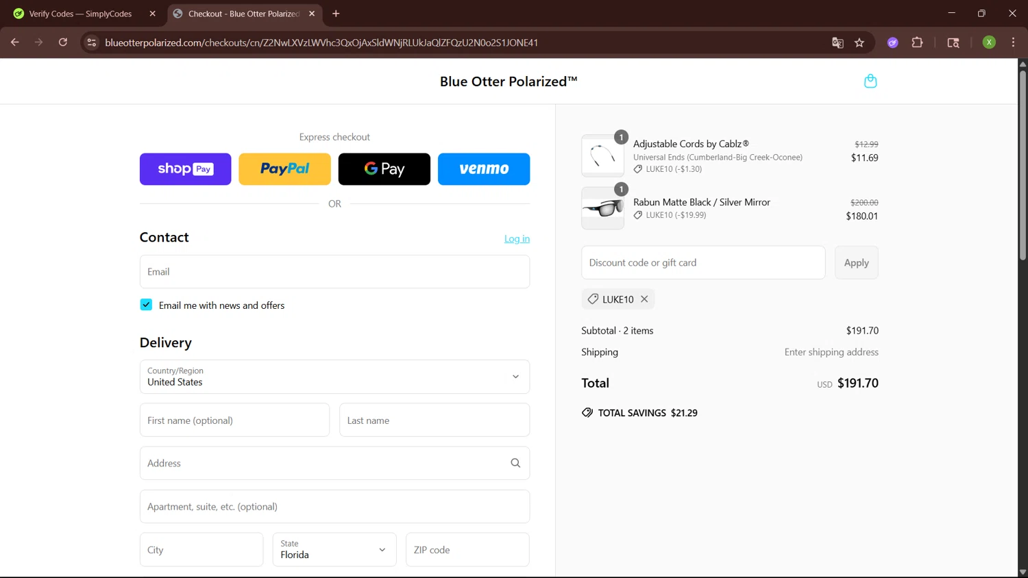 Blue Otter discount code screenshot showing code LUKE10 applied at Blue Otter checkout page. Uploaded by SimplyCodes community member SaleTiger1087 on Jun 3, 2025