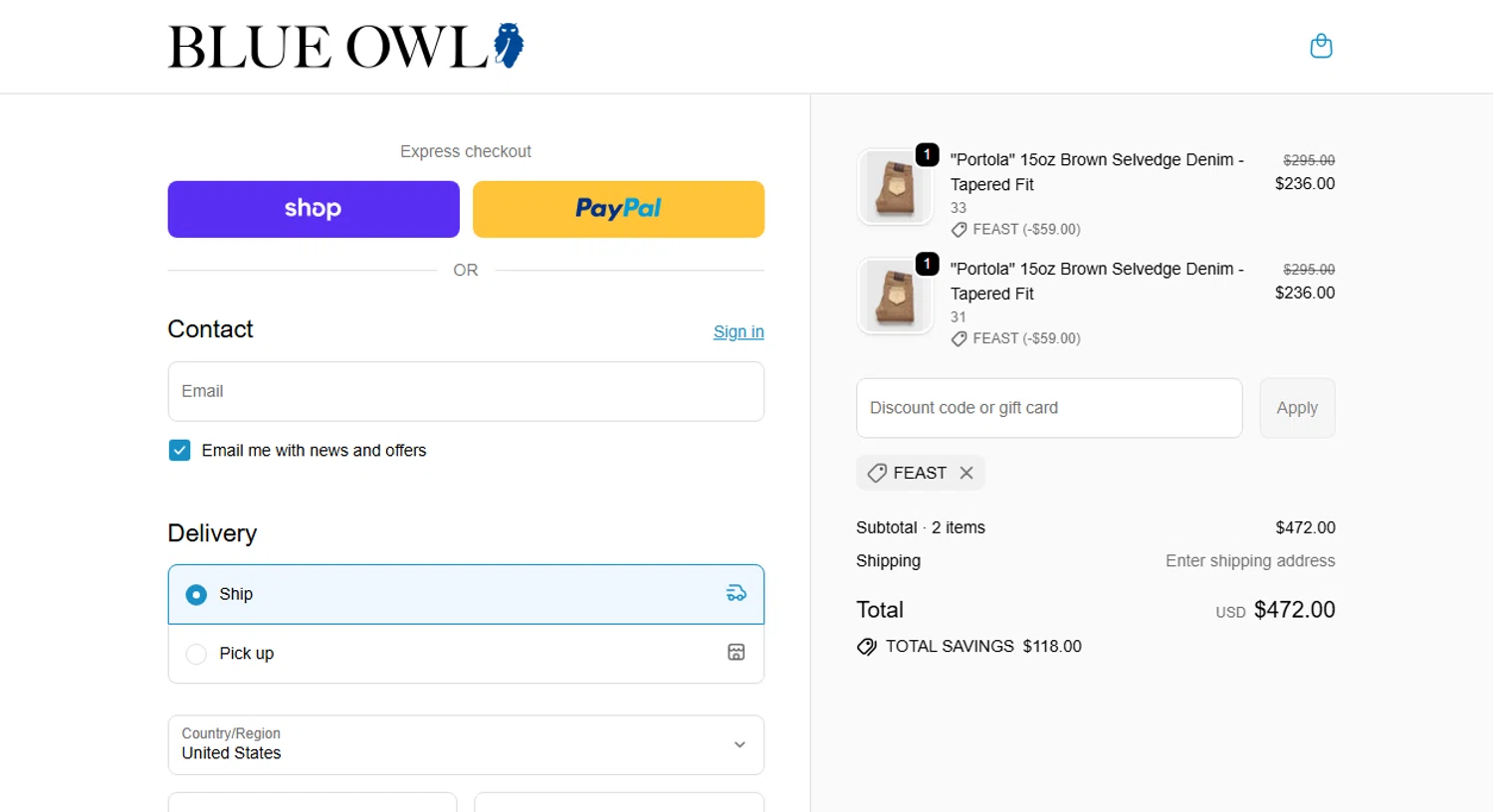 Blue Owl discount code screenshot showing code FEAST applied at Blue Owl checkout page. Uploaded by SimplyCodes community member Omega77 on Nov 24, 2025