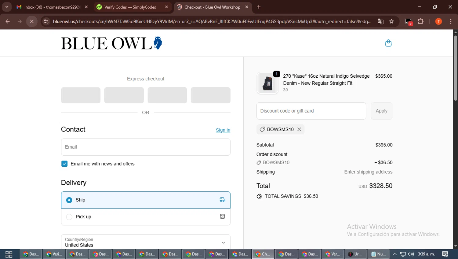 Blue Owl checkout page showing Blue Owl discount code box | Screenshot taken by SimplyCodes community member on Jan 11, 2026