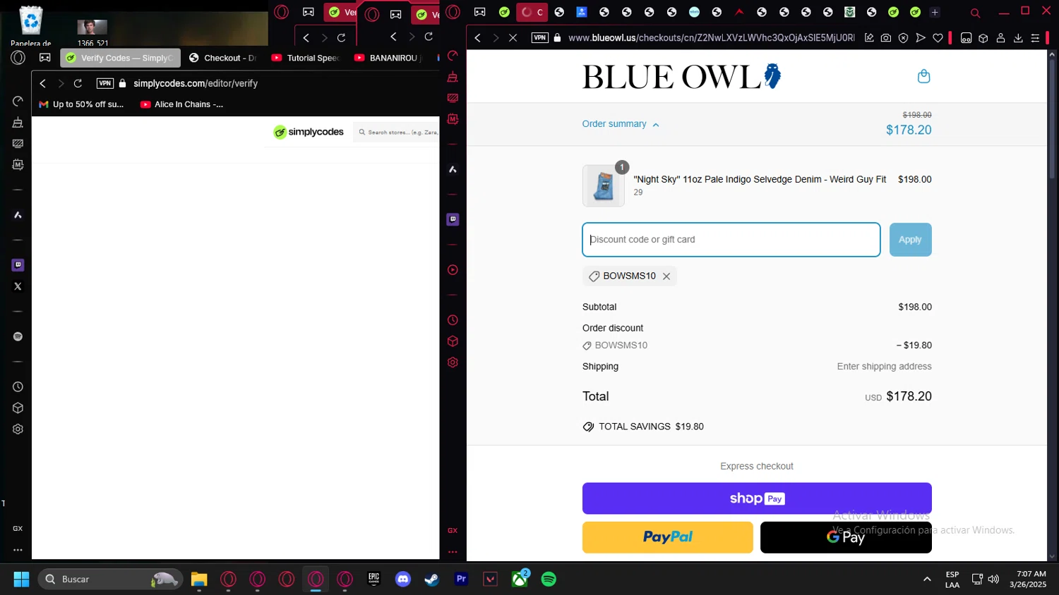 Blue Owl discount code screenshot showing code BOWSMS10 applied at Blue Owl checkout page. Uploaded by SimplyCodes community member Halanweik on Mar 26, 2025