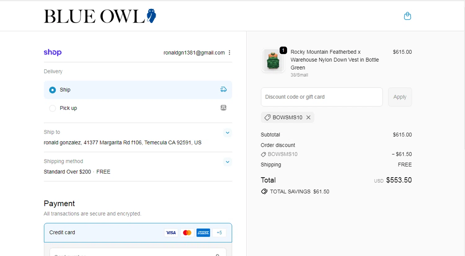 Blue Owl discount code screenshot showing code BOWSMS10 applied at Blue Owl checkout page. Uploaded by SimplyCodes community member Ronald on Nov 23, 2025