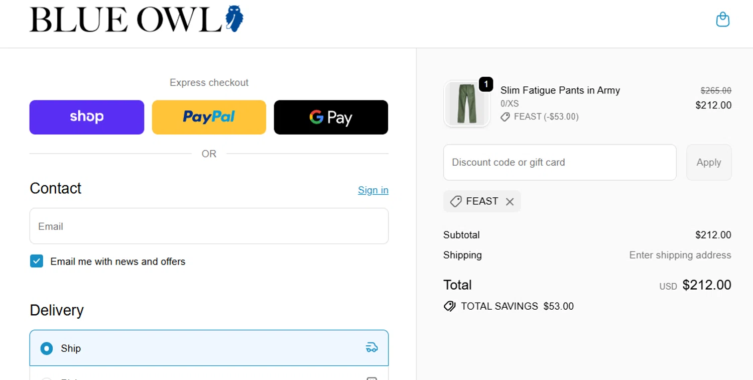Blue Owl discount code screenshot showing code FEAST applied at Blue Owl checkout page. Uploaded by SimplyCodes community member jesspea on Nov 24, 2025