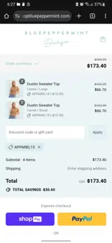 APPAREL15 coupon verification screenshot