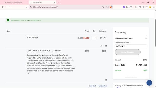 Blueprint Tutoring checkout page showing Blueprint Tutoring promo code box | Screenshot taken by SimplyCodes community member on Aug 28, 2025